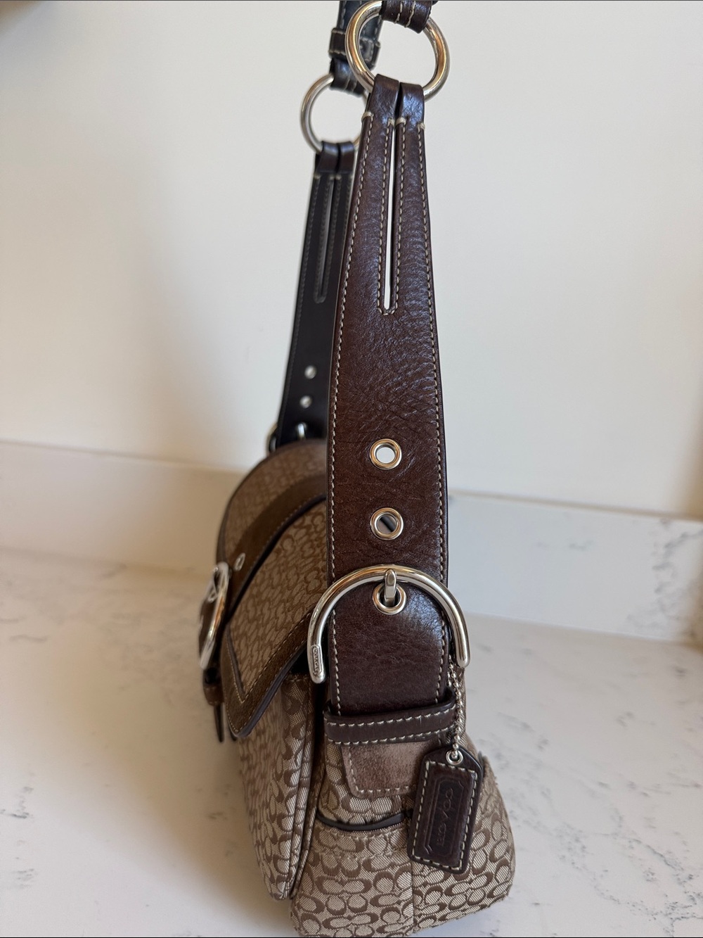 Vintage Coach Monogram Canvas With Brown Suede Soho Flap Signature Shoulder Bag - Picture 8 of 15